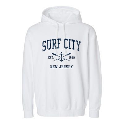 Surf City Nj Vintage Crossed Oars & Boat Anchor Garment-Dyed Fleece Hoodie