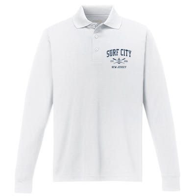 Surf City Nj Vintage Crossed Oars & Boat Anchor Performance Long Sleeve Polo