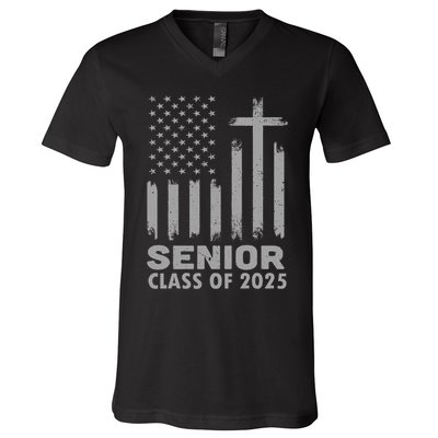 Senior Class Of 2025 Usa Flag Cross Christian Graduation V-Neck T-Shirt