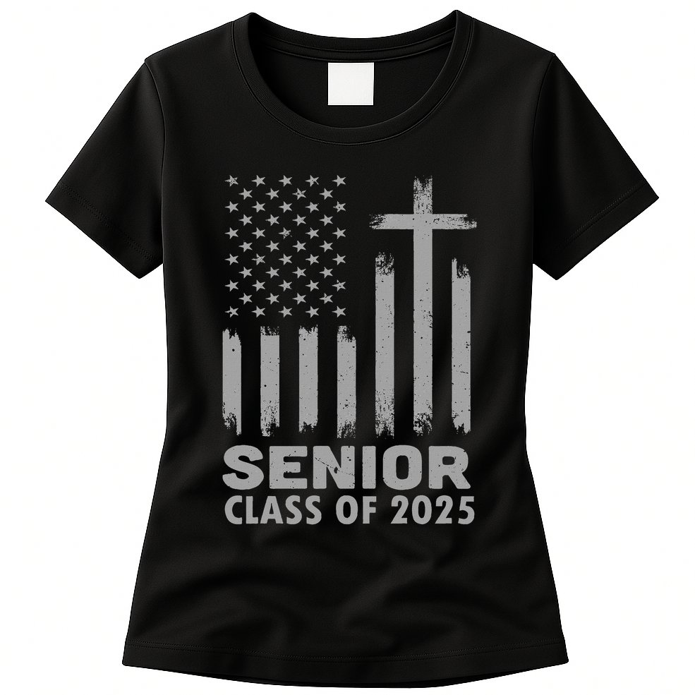 Senior Class Of 2025 Usa Flag Cross Christian Graduation Womens T-Shirt