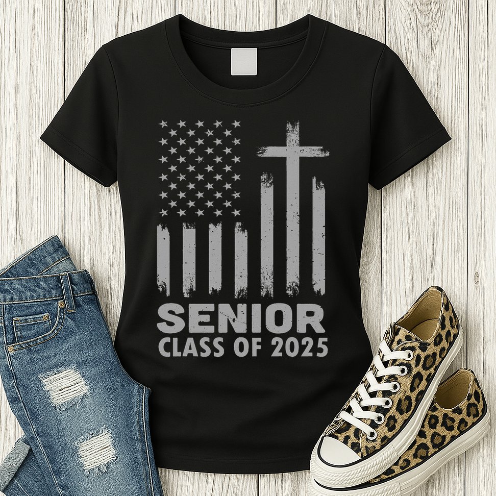 Senior Class Of 2025 Usa Flag Cross Christian Graduation Womens T-Shirt