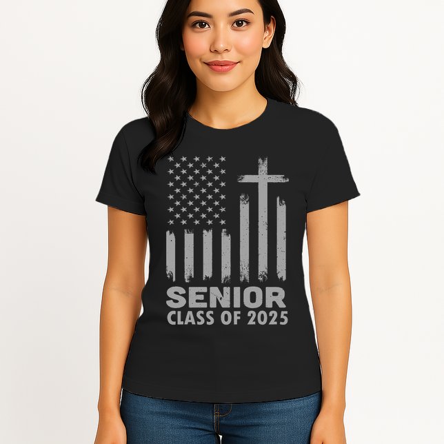Senior Class Of 2025 Usa Flag Cross Christian Graduation Womens T-Shirt