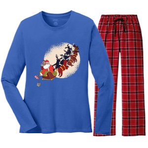 Santa Claus On Christmas Sleigh Pulled By Reindeer Gift Women's Long Sleeve Flannel Pajama Set 