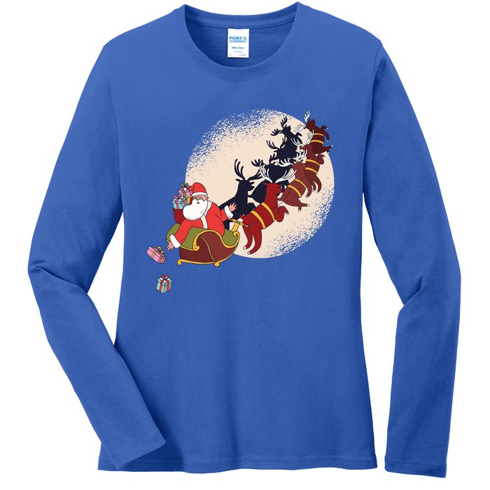 Santa Claus On Christmas Sleigh Pulled By Reindeer Gift Ladies Long Sleeve Shirt