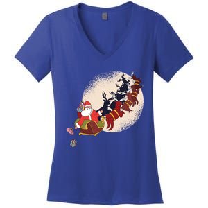 Santa Claus On Christmas Sleigh Pulled By Reindeer Gift Women's V-Neck T-Shirt