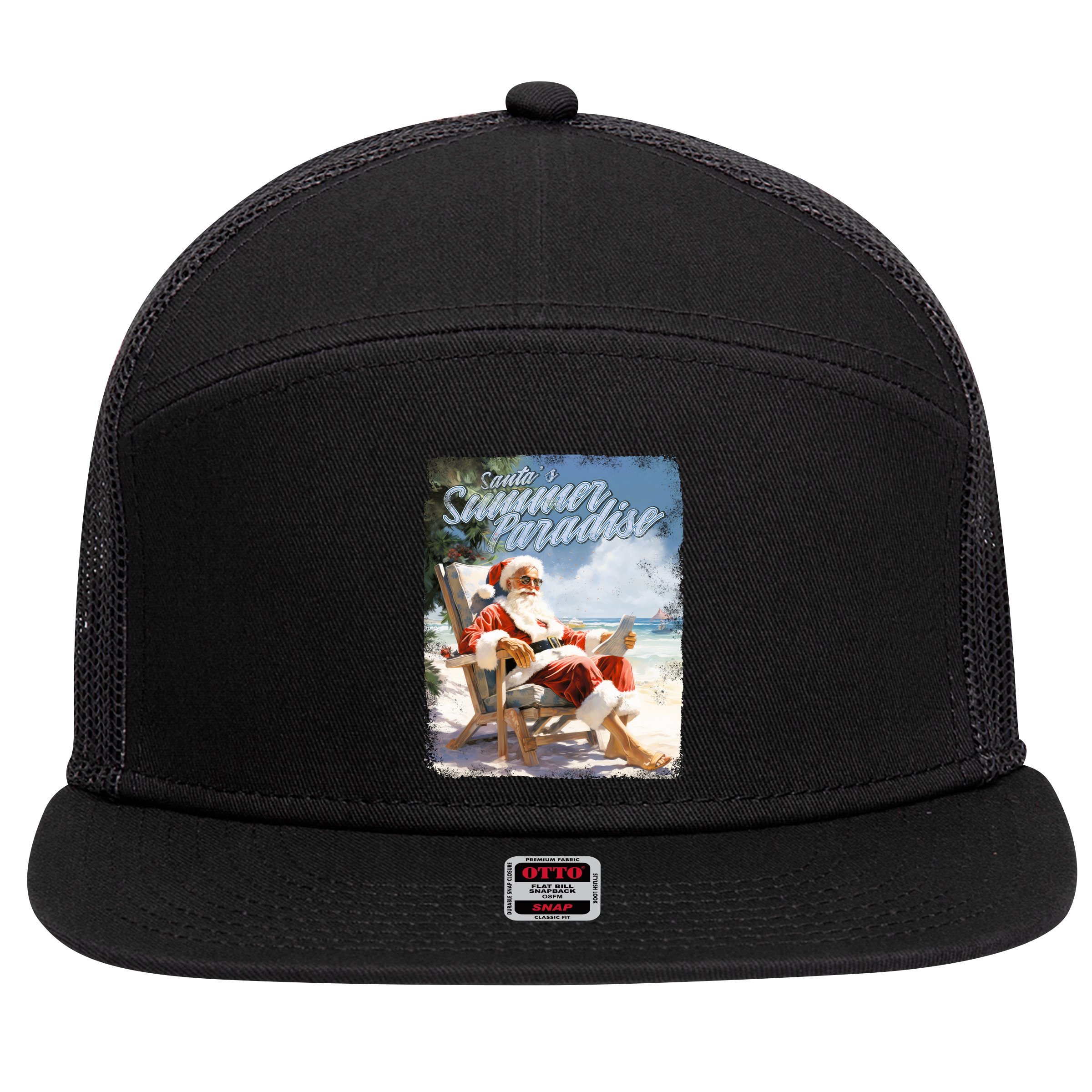 Santa Chillin On The Beach Summer Paradise 7 Panel Mesh Trucker Snapback Hat