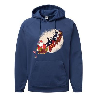 Santa Claus On Christmas Sleigh Pulled By Reindeer Gift Performance Fleece Hoodie