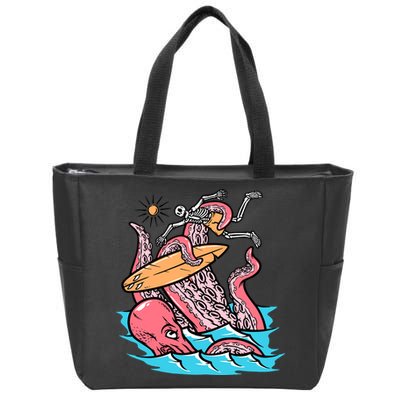 Surfing Cute Octopus Attacks Surfers Funny Skeleton Holiday Gift Zip Tote Bag