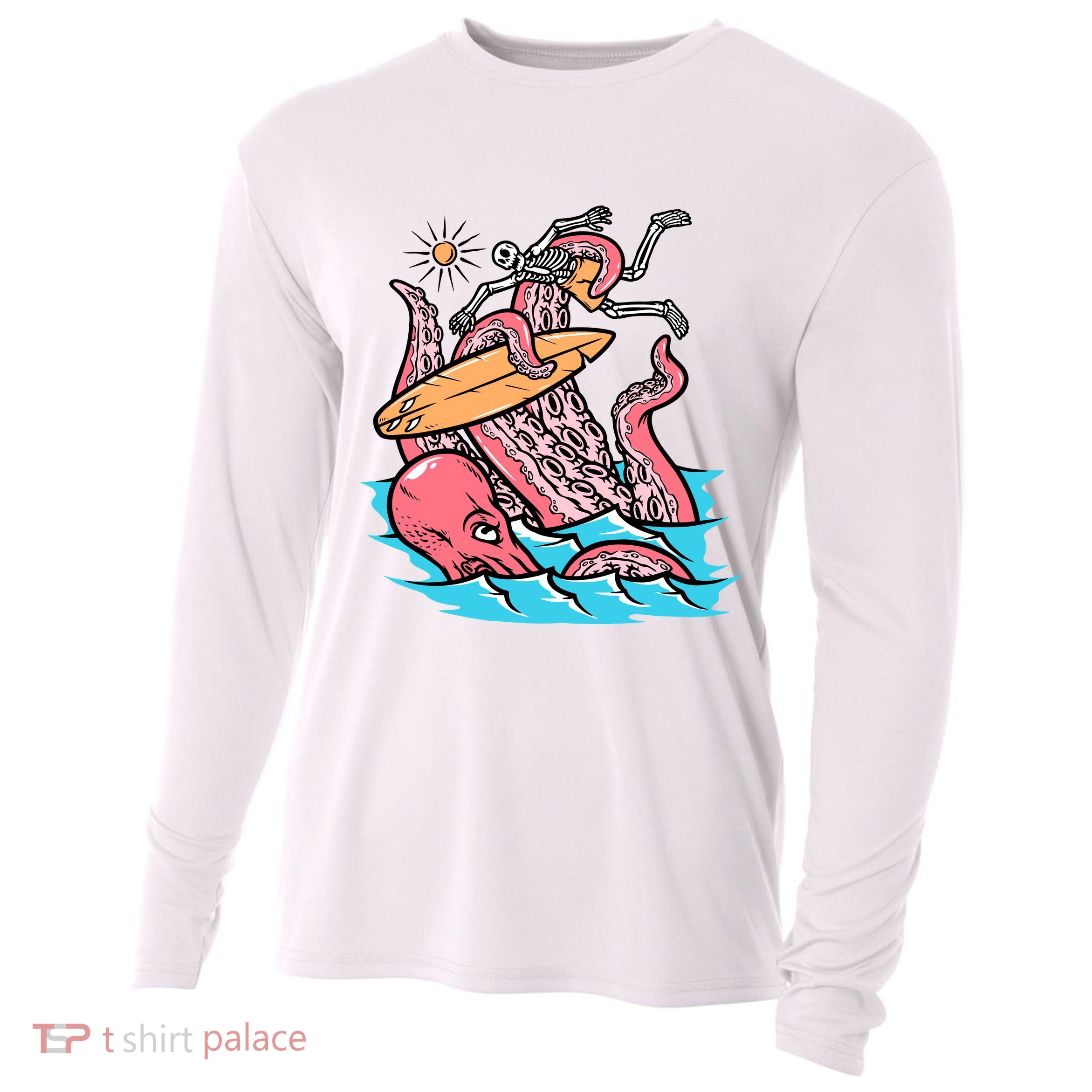 Surfing Cute Octopus Attacks Surfers Funny Skeleton Holiday Gift Cooling Performance Long Sleeve Crew