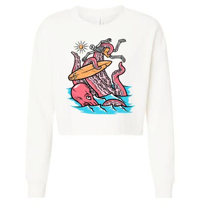 Surfing Cute Octopus Attacks Surfers Funny Skeleton Holiday Gift Cropped Pullover Crew
