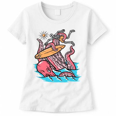 Surfing Cute Octopus Attacks Surfers Funny Skeleton Holiday Gift Womens T-Shirt