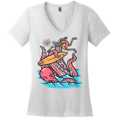 Surfing Cute Octopus Attacks Surfers Funny Skeleton Holiday Gift Women's V-Neck T-Shirt