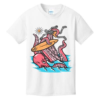 Surfing Cute Octopus Attacks Surfers Funny Skeleton Holiday Gift Kids T-Shirt