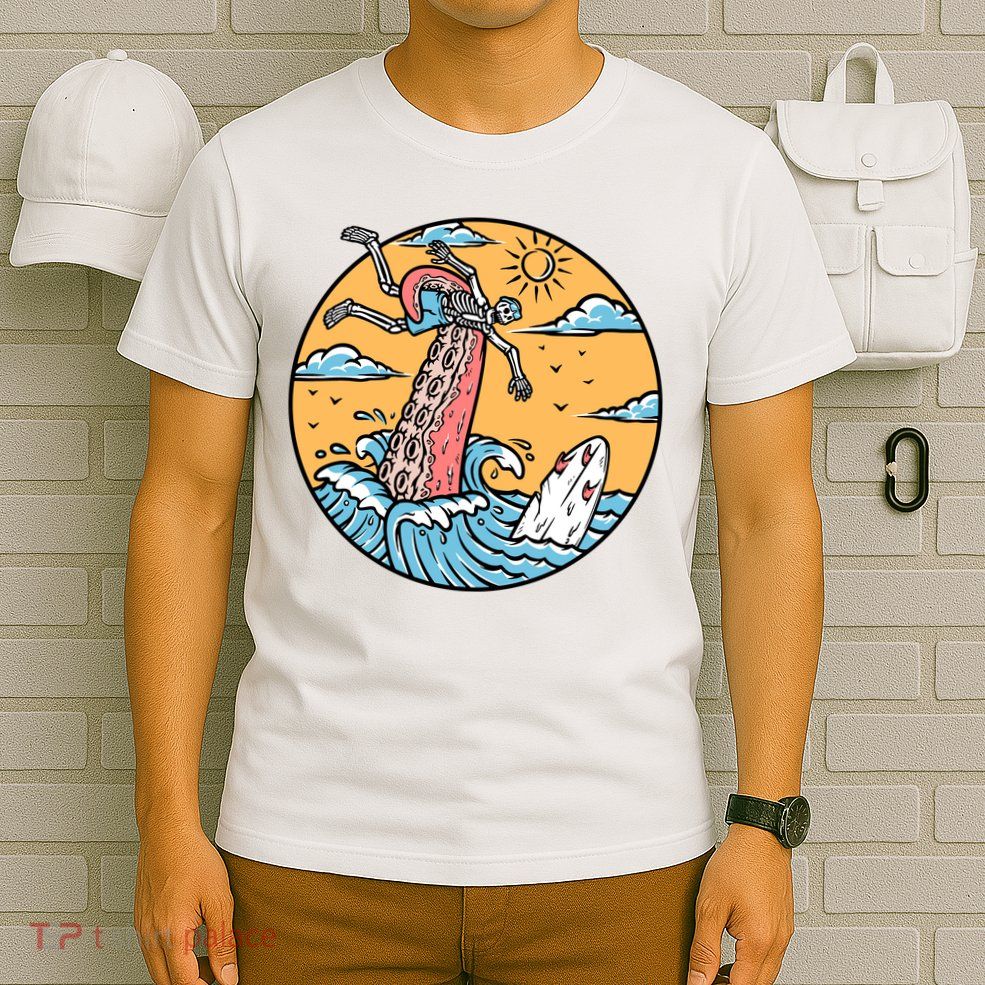 Surfing Cute Octopus Attacks Surfers In The Sea Holiday Gift T-Shirt
