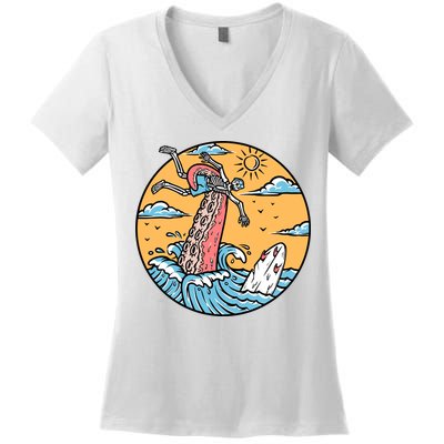 Surfing Cute Octopus Attacks Surfers In The Sea Holiday Gift Women's V-Neck T-Shirt