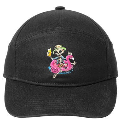 Skeleton Chilling On Flamingo Lifebuoy Halloween Skull Bones 7-Panel Snapback Hat