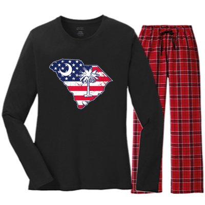 South Carolina Palmetto American Flag Patriotic Vintage Women's Long Sleeve Flannel Pajama Set 