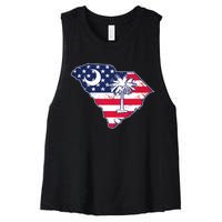 South Carolina Palmetto American Flag Patriotic Vintage Women's Racerback Cropped Tank