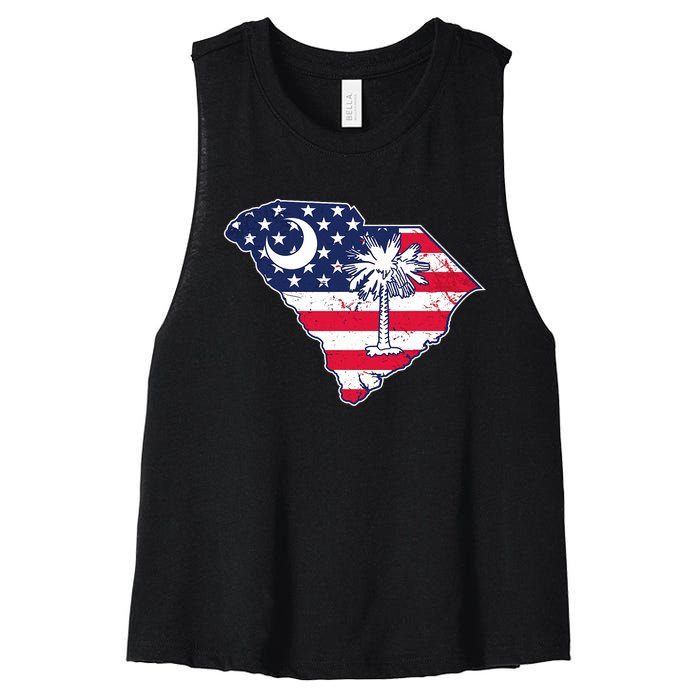 South Carolina Palmetto American Flag Patriotic Vintage Women's Racerback Cropped Tank