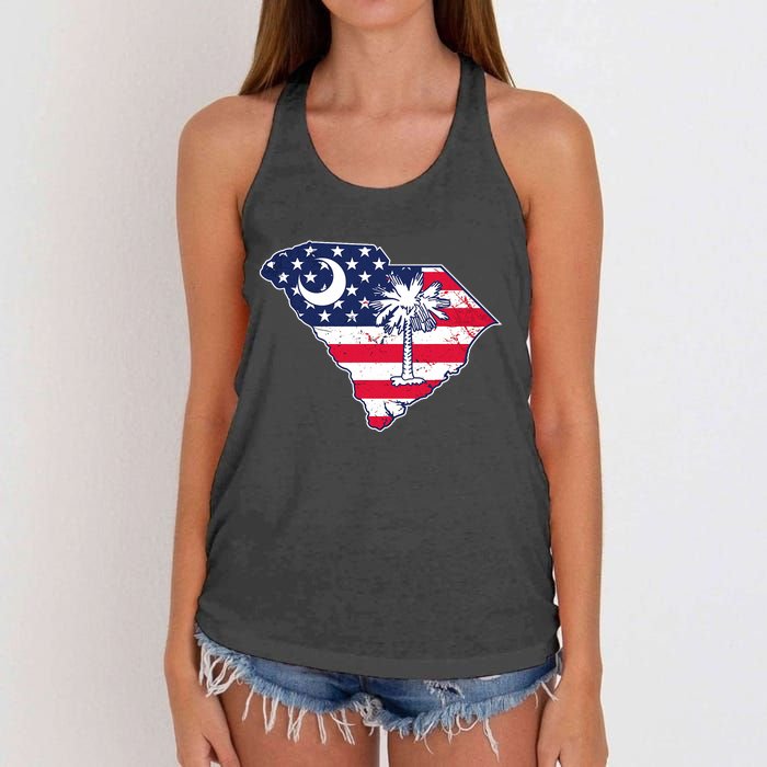 South Carolina Palmetto American Flag Patriotic Vintage Women's Knotted Racerback Tank