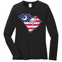 South Carolina Palmetto American Flag Patriotic Vintage Ladies Long Sleeve Shirt