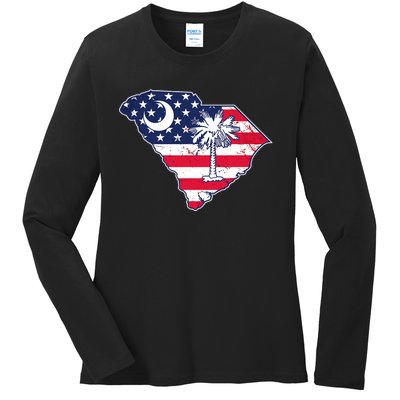 South Carolina Palmetto American Flag Patriotic Vintage Ladies Long Sleeve Shirt