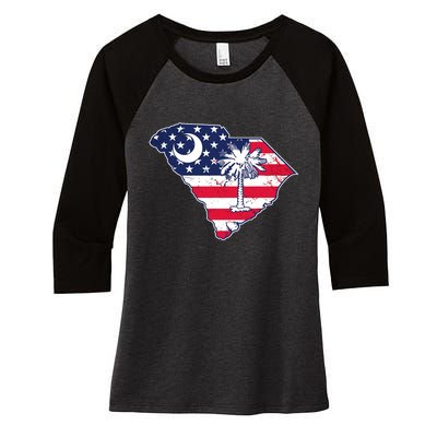 South Carolina Palmetto American Flag Patriotic Vintage Women's Tri-Blend 3/4-Sleeve Raglan Shirt