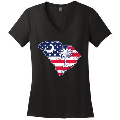 South Carolina Palmetto American Flag Patriotic Vintage Women's V-Neck T-Shirt