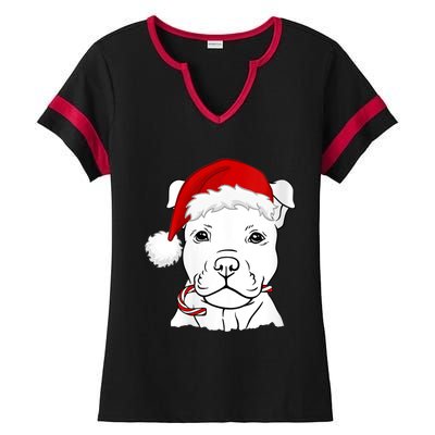 S Christmas Puppy With Santa Hat And Candy Cane Dog Lovers Vneck Ladies Halftime Notch Neck Tee