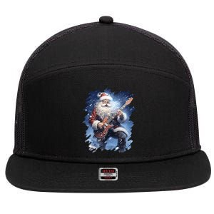 Santa Claus Playing Guitar 7 Panel Mesh Trucker Snapback Hat