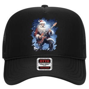 Santa Claus Playing Guitar High Crown Mesh Back Trucker Hat