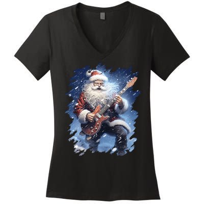 Santa Claus Playing Guitar Women's V-Neck T-Shirt