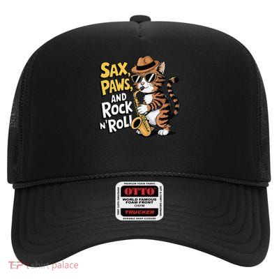 Saxophone Cat Playing Jazz  Rock Fusion Music in Cool Style High Crown Mesh Back Trucker Hat
