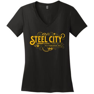 Steel City Pittsburgh Pennsylvania 412 Home Retro Women's V-Neck T-Shirt