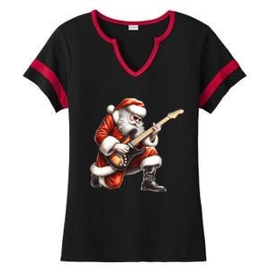 Santa Claus Playing Guitar Funny Christmas Rock N Roll Funny Gift Ladies Halftime Notch Neck Tee