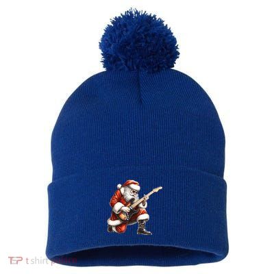 Santa Claus Playing Guitar Funny Christmas Rock N Roll Funny Gift Pom Pom 12in Knit Beanie