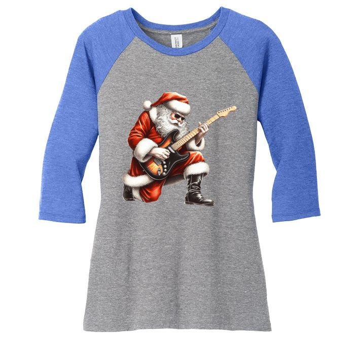 Santa Claus Playing Guitar Funny Christmas Rock N Roll Funny Gift Women's Tri-Blend 3/4-Sleeve Raglan Shirt