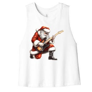 Santa Claus Playing Guitar Funny Christmas Rock N Roll Funny Gift Women's Racerback Cropped Tank