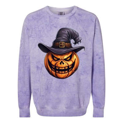 Spooky Carved Pumpkin Face With Witch Hat Halloween Party Cool Gift Colorblast Crewneck Sweatshirt