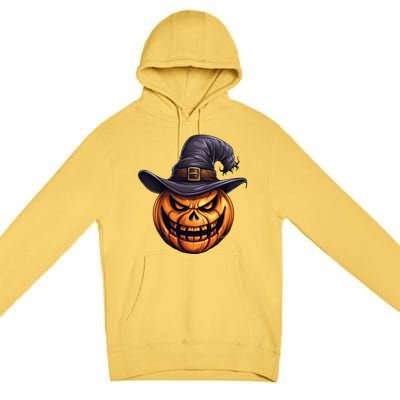 Spooky Carved Pumpkin Face With Witch Hat Halloween Party Cool Gift Premium Pullover Hoodie