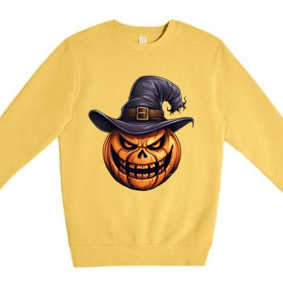 Spooky Carved Pumpkin Face With Witch Hat Halloween Party Cool Gift Premium Crewneck Sweatshirt