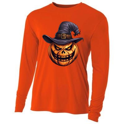 Spooky Carved Pumpkin Face With Witch Hat Halloween Party Cool Gift Cooling Performance Long Sleeve Crew