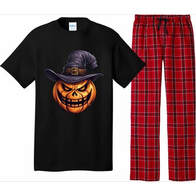 Spooky Carved Pumpkin Face With Witch Hat Halloween Party Cool Gift Pajama Set