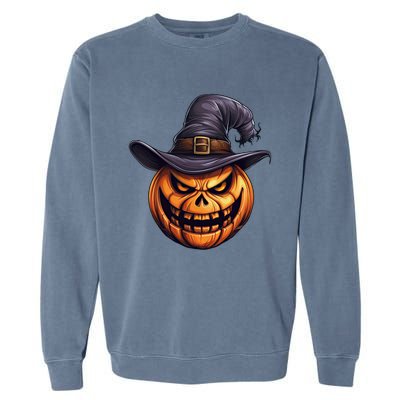 Spooky Carved Pumpkin Face With Witch Hat Halloween Party Cool Gift Garment-Dyed Sweatshirt