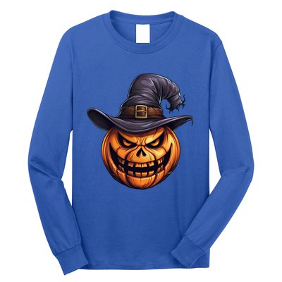 Spooky Carved Pumpkin Face With Witch Hat Halloween Party Cool Gift Long Sleeve Shirt