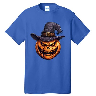 Spooky Carved Pumpkin Face With Witch Hat Halloween Party Cool Gift Tall T-Shirt