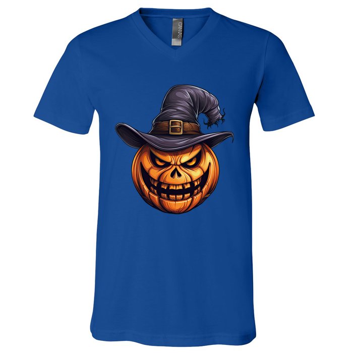 Spooky Carved Pumpkin Face With Witch Hat Halloween Party Cool Gift V-Neck T-Shirt