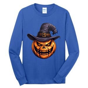 Spooky Carved Pumpkin Face With Witch Hat Halloween Party Cool Gift Tall Long Sleeve T-Shirt