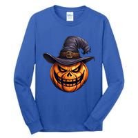 Spooky Carved Pumpkin Face With Witch Hat Halloween Party Cool Gift Tall Long Sleeve T-Shirt