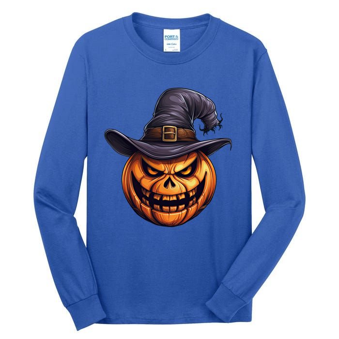 Spooky Carved Pumpkin Face With Witch Hat Halloween Party Cool Gift Tall Long Sleeve T-Shirt